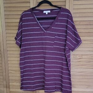Hailey & Co NWOT Burgundy Striped V-Neck Top Womens 3XL Soft Stretch Pocket Tee